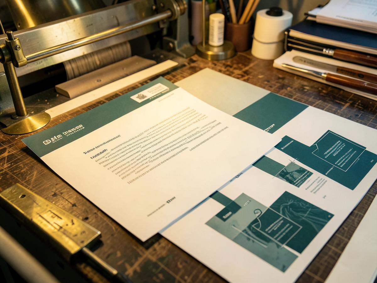 Direct mail proofs and printed packages on a press table